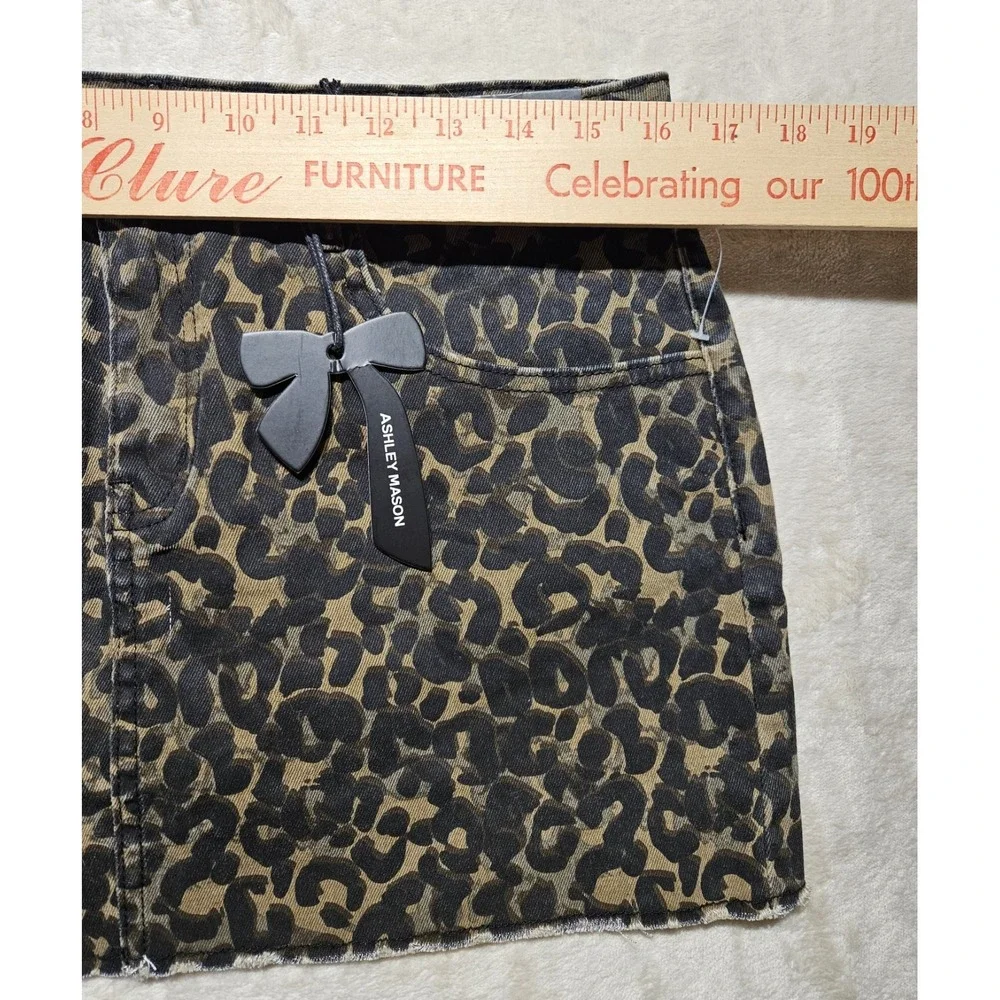 Leopard Print‎ Denim Mini Skirt Pink Bow Y2K Coquette Stretch Ashley Mason Sz 9